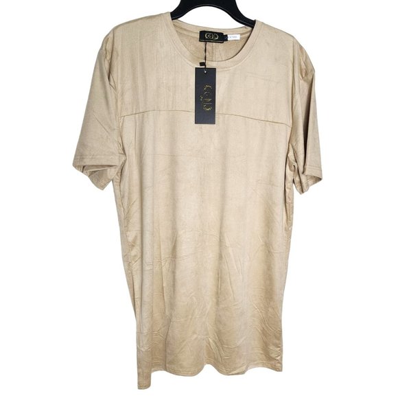 Rare Gold Leaf Large Bone Brown Faux Suede Soft Crew Neck Slim Stretch Short Sle - Picture 1 of 13